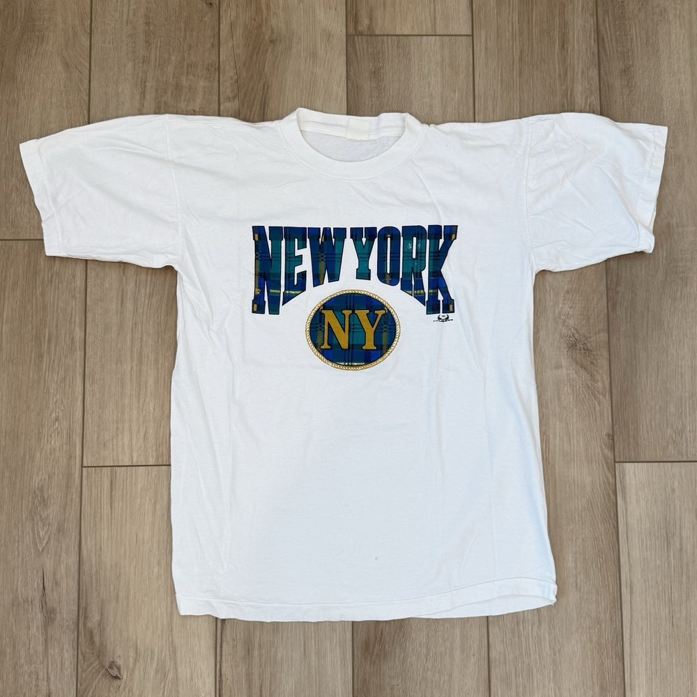 Vintage 1992 New York Plaid White T-Shirt Adult Medium Single Stitch 90s VTG USA